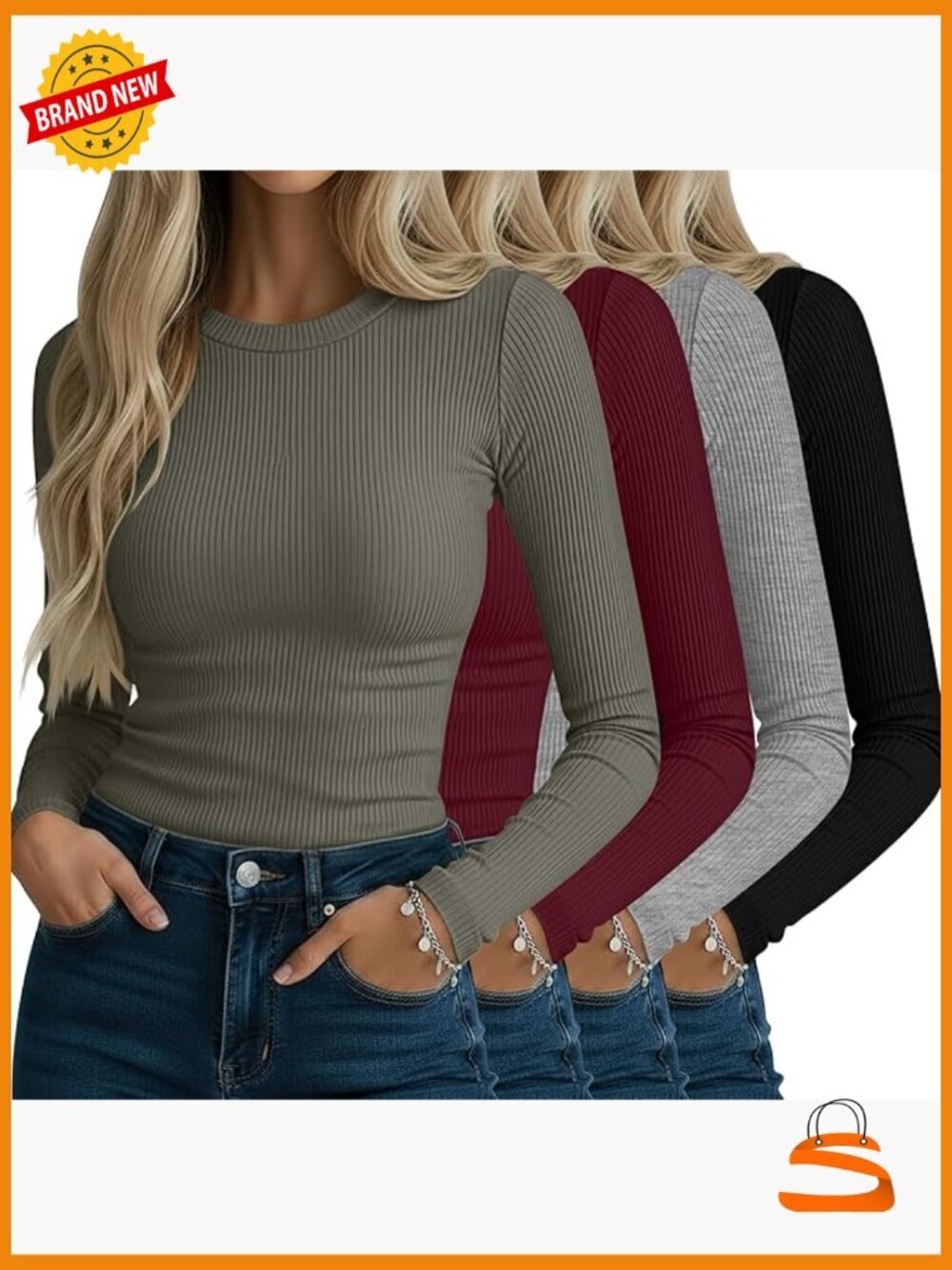 4 Pack Ribbed Long Sleeve Shirts Crew Neck Slim Fit Stretch Knit Basic Layering